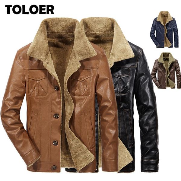 

men's fur & faux leather jackets winter fleece pu coats casual plus thick warm wide-collared outerwear collar thermal biker jacket 6xl, Black