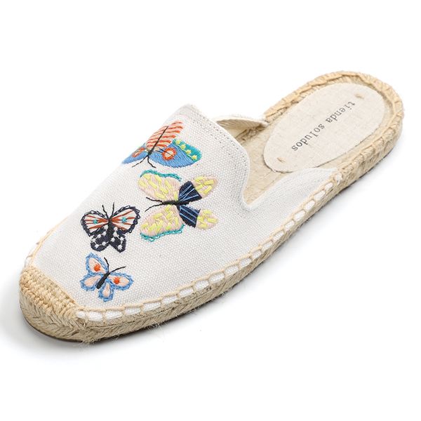 Tienda Solões Mulheres Simples Mulheres Respirável Espahemp Verão Verão Tecido De Algodão Floral Drilles Sapatos, Cor Pura Mulas X1020