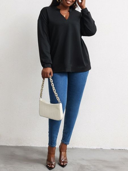 

plus notched neck drop shoulder pullover n33s#, Black