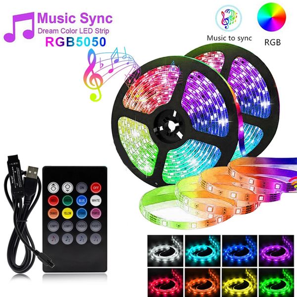 Waterproof usb levou luz de tira smd 5050 controle de música RGB RF fita fita fita fita lâmpada para fundo de desktop DV