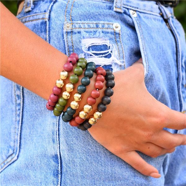 

zfyin 2020 fall winter trendy stackable layering multi layered wood beads bracelets set, Black