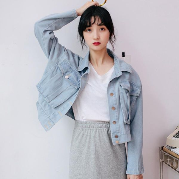 

women spirng autumn loose jeans coat long sleeve retro big pockets cowboy denim loose casual jacket female outwear jean jackets, Black;brown