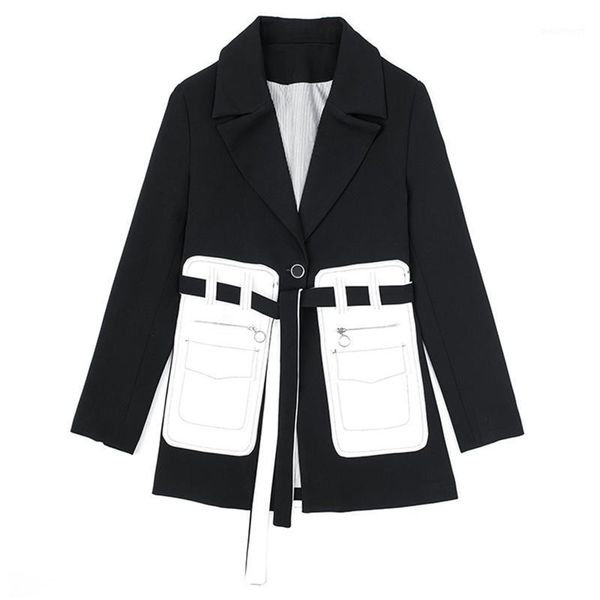 

2020 fashion women black jackets white pocket split temperament lapel blazer bandage new long sleeve loose fit jacket autumn1, White;black