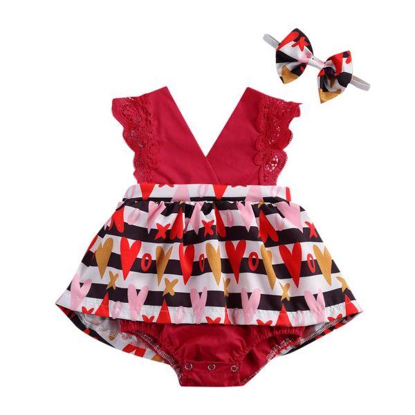 

clothing sets 2021 baby summer valentine girls two-piece clothes set red sleeveless stripe +heart printed romper + headdress, White