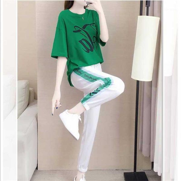

2020 new girl suit t-shirt and trousers two-piece set elegant green sports casual wear printing and party style, White