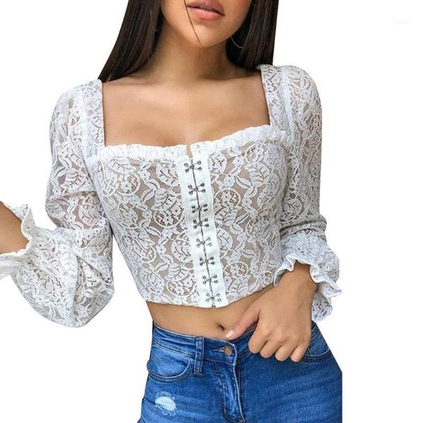 

women crop female t-shirts ladies bandage shirt long sleeve strappy square collar lace floral hollow layered shirt s-xl1, White