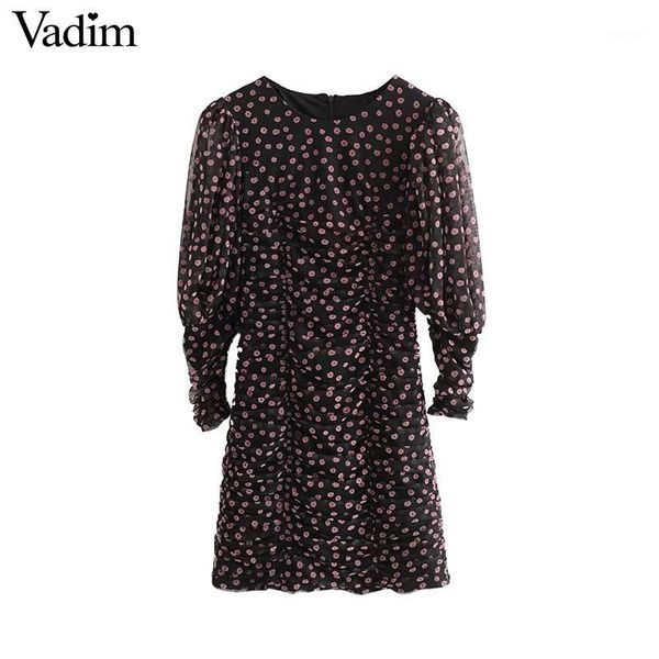 

vadim women retro floral mini dress pleated design long sleeve stretchy slim fit female party club dresses vestidos qd2331, Black;gray