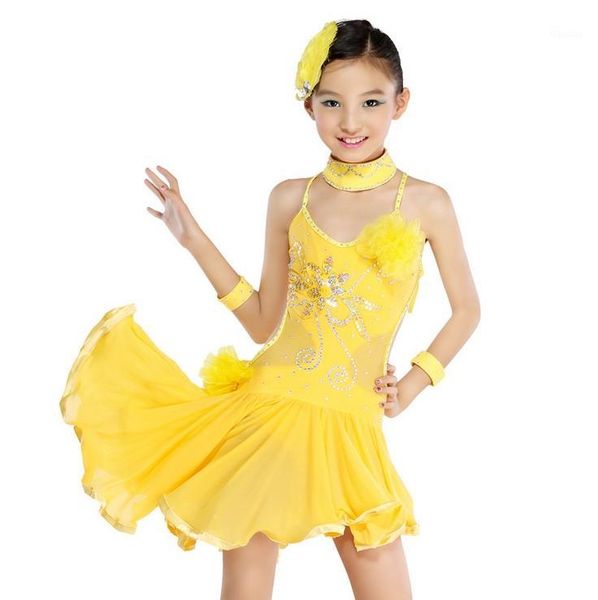 

2016 yellow/black girl standard competition latin dance dress kids asymmetrical salsa skirts 4-15y children diamond costume1, Black;red