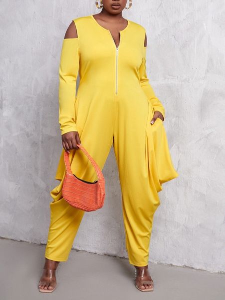 

sxy plus cold shoulder zipper drape side jumpsuit w2oy#, Black