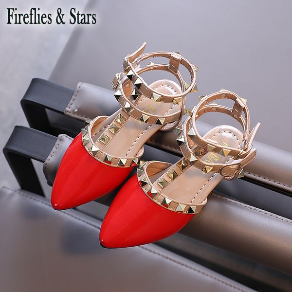 

summer girls baby sandals kids rome children fashion shoes rivet pointed closed toe pu red hollow out 3 to 14 yrs, Black