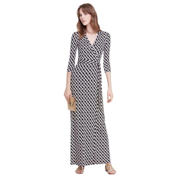 

womens clothes elegant runway dress geometric print black and white dress v neck long wrap, Black;gray