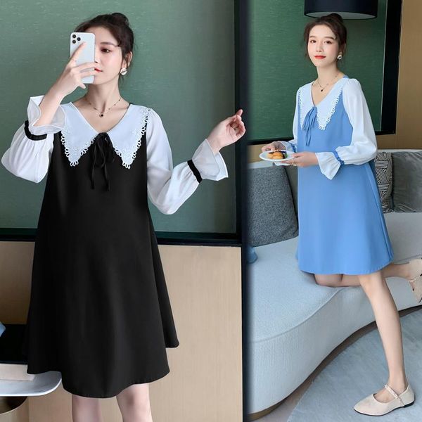 

632# maternity dress spring autumn chiffon turn down collar loose stylish dress for pregnant women mom, White