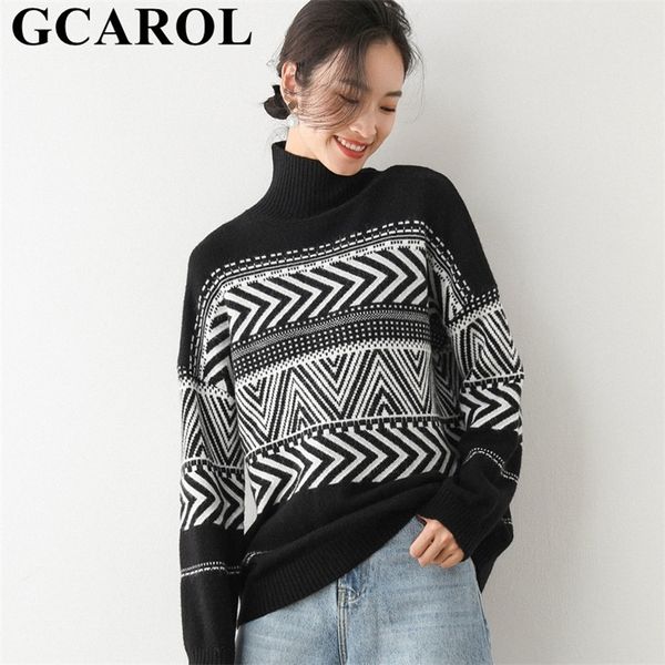 

gcarol fall winter geometric jacquard turtleneck sweater 30% wool drop shoulder christmas oversize knit jumper multi occasions 201224, White;black