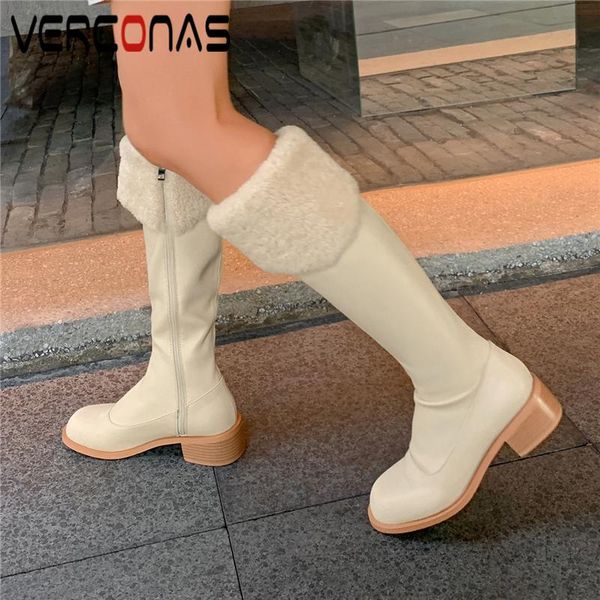 

verconas genuine leather women knee-high boots autumn winter warm high heels shoes woman fashion concise zipper casual long boot, Black