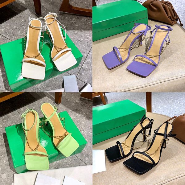 

designer sandals 2022 new fashion chain high heels women real leather heel summer jelly slides sandals lady size 35-41, Black
