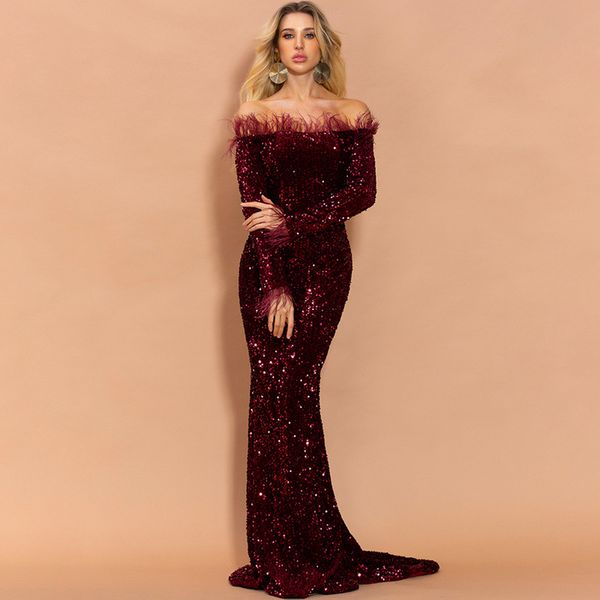 

off shoulder dresses sequin women feather solid color evening party dress long sleeve maxi vestdios 011906, White;black