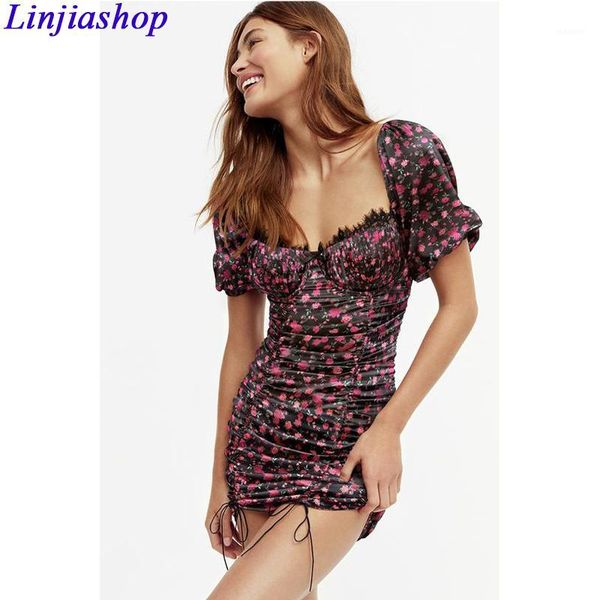 

chiffon elastic dress women streetwear floral print puff sleeve slim bodycon mini dress ladies vestidos robe femme1, Black;gray