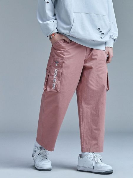 

men letter embroidery slant pocket cargo pants i7mt#, Black