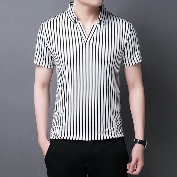 

top topvertical полосы футболка хлопок v-образный вырез тонкий короткий рукав 1x2lv летний молодежного мужского дно t универсальной тонкий п, Blue