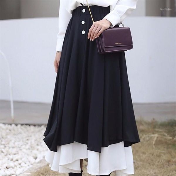 

2019 women gothic harajuku casual pleated skirt high waist a-line black white patchwork mid long skirts female sweet skirt party1