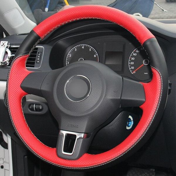 

for volkswagen golf 6 mk6 diy red / black natural leather car steering wheel cover anti-slip design all season car accessories