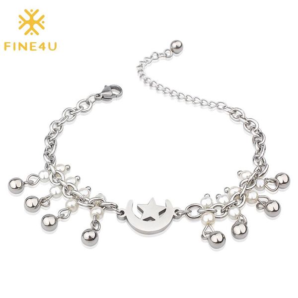 

fine4u b267 stainless steel moon and star charm bracelet 5mm pearl beads bracelets for women girls jewelry gifts, Black
