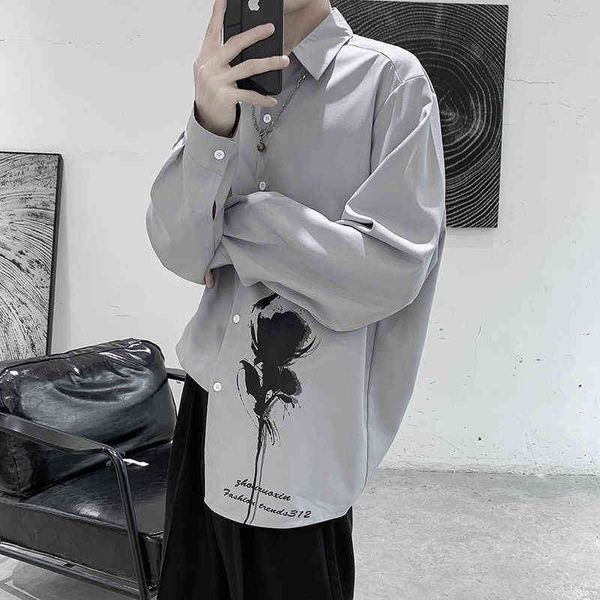 2021 Moda dos homens na moda impressão de manga comprida camisa camisa masculina streetwear roupas preta / cinza / verde / branco camisas de cor G0105