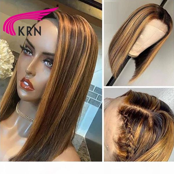 

short bob highlight lace front human hair wig 13*4 13*6 middle ratio honey blonde 150% 180% remy lace wig for women, Black;brown