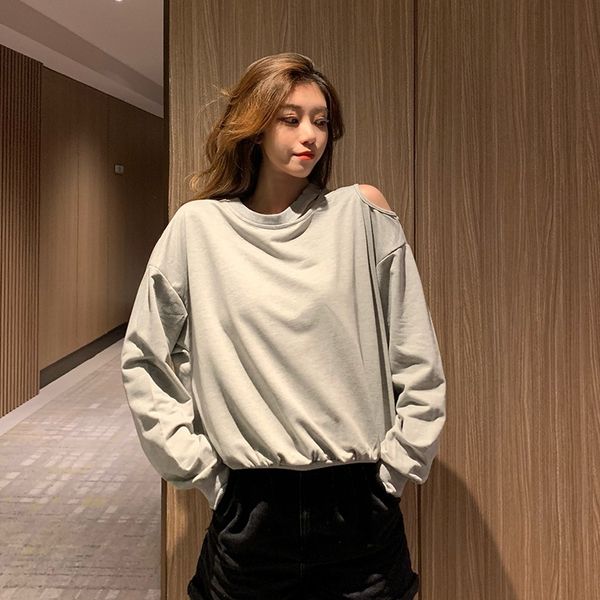 

m41cn naughty boyyour sweater girl f early sweater loose solid color autumn sweaterthin long sleeve round neckshoulderwatch machine for out, Black