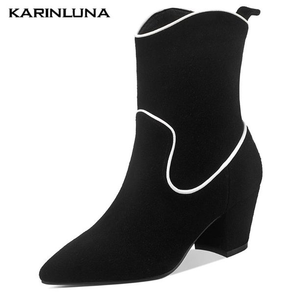 

brand new chunky heels winter woman shoes slip on cow suede leather boots, Black