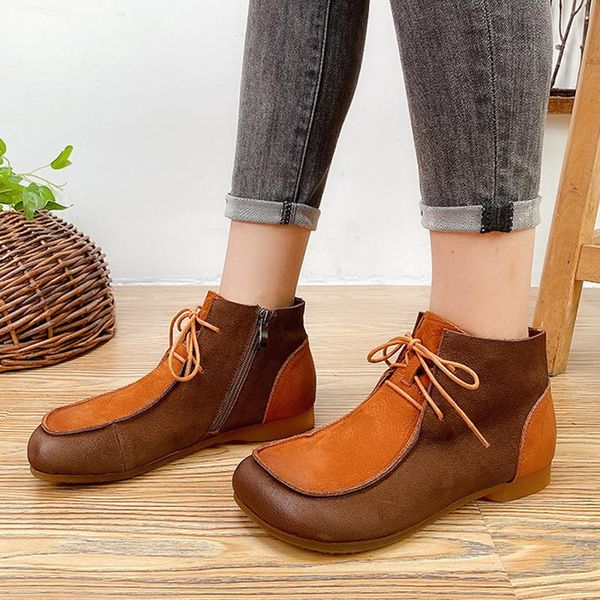 

women boots 2021 new spring autumn genuine leather lace-up women shoes round toe flat with mixed colors ankle platform boots, Black