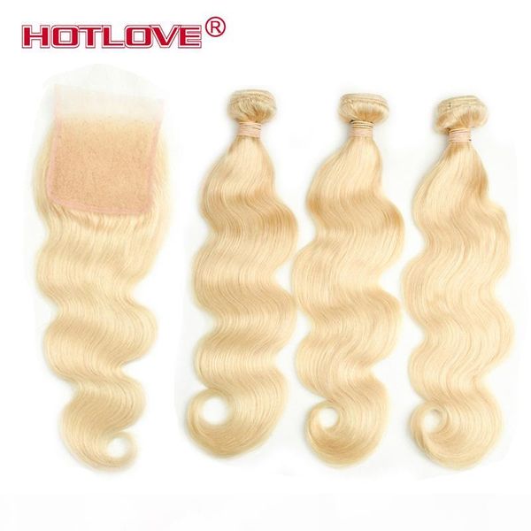

ove brazilian remy human hair pure color blonde hair 3 bundles with 4*4 lace closure part with baby hair 613 body wave, Black;brown