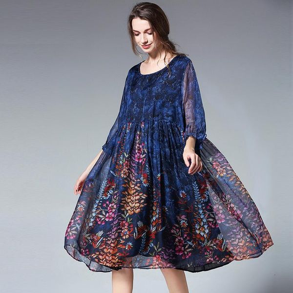 

women print chiffon dress plus size dresses loose elegant dress high waist crew neck big yards oversize dress xl to 4xl summer, Black;gray