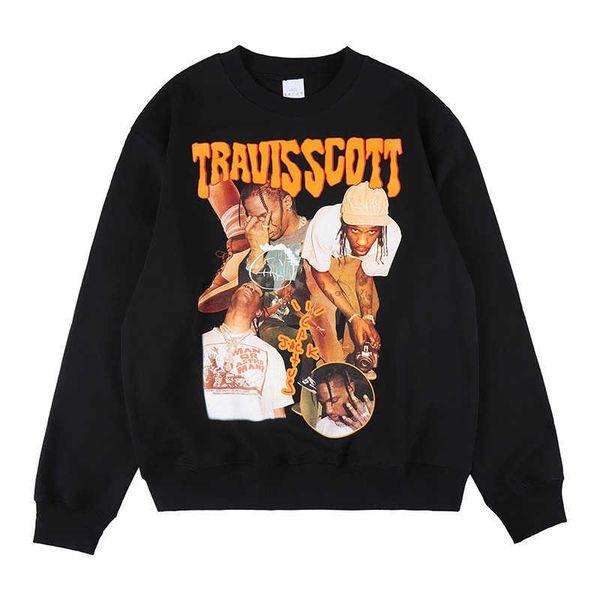 

men's hoodies travis scott cactus jack figure print hip hop rap men's and women's loose round neck sweater, Black