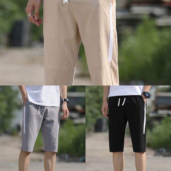 

ejsnm men's handsome men's cotton and linen six-point stretch-loose six-point thin summer shorts six-legged six-legged pants cotto, Blue