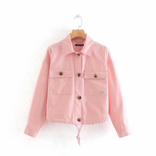 

windbreaker short canvas jacket buckle pockets autumn fashion casual long sleeve female jacket coats outwear ladies clothes1, Black;brown