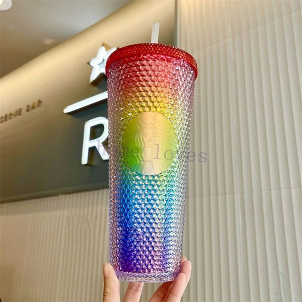 

2021 starbucks double pink durian laser straw cup 710ml tumblers mermaid plastic cold water coffee cups gift mug298n