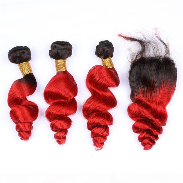

#1b red ombre loose wave indian virgin human hair weaves with closure 4pcs lot bright red ombre 4x4 front lace closure wtih 3bundles, Black;brown