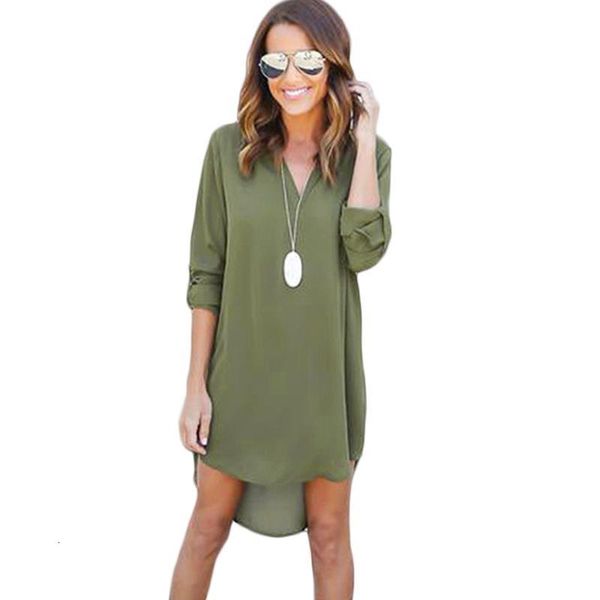 

casual 3xl women's plunging neck chiffon dress long sleeve tunic shirt dress irregular front short drop shipping, Black;gray