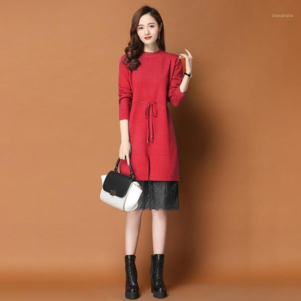 

elegant kitted dress women's autumn winter lace splicing long sweater dress plus velvet thicken slim base vestidos mujer y6081, Black;gray