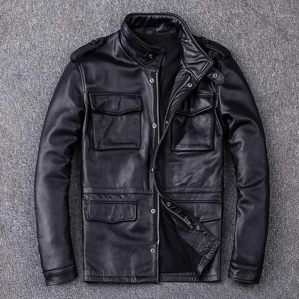 

men's leather & faux men genuine hunting long m65 cowskin stand collar motorcycle jacket multi-pocket biker coat1, Black