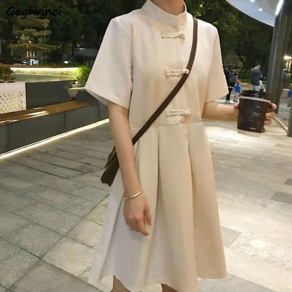 

dress women stand collar chinese style retro vintage pleated simple large size 2xl all match sweet a line elegant students new, Black;gray