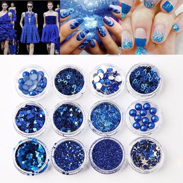 

nail glitter 12 pcs sapphire series mix snowflake heart star sequins shining powder rhinestone tips art decoration, Silver;gold