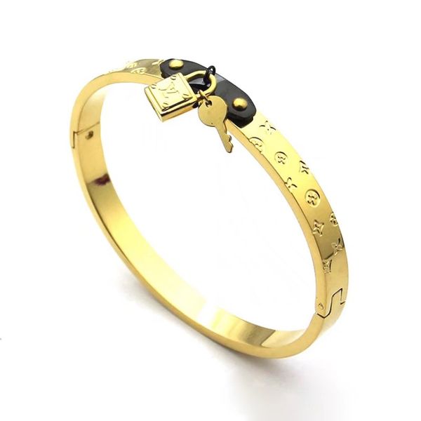 

extravagant letter pendant bracelet gold silver rose classic design real leather bracelets titanium steel bangles couple jewelry wholesale, Black