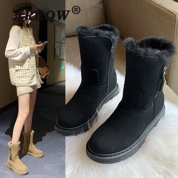 

areqw waterproof warm plush snow boots for women shoes faux fur lace-up footwear platform height increasing boot woman, Black