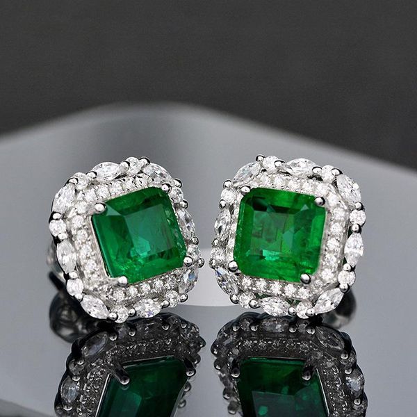 

real solid 925 sterling silver emerald diamond stud earrings for women luxury anniversary party fine jewelry gifts, Golden;silver