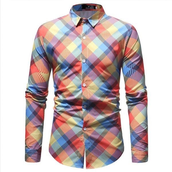 

men's casual shirts colorful plaid print fashion shirt men slim fit long sleeve mens dress holiday party social chemise homme, White;black
