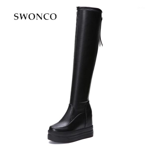 

swonco chunky heel shoes women over the knee boots ladies botas mujer 2020 new women thigh high boots female shoes casual black1, Black