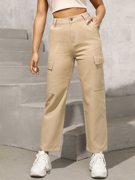 

petite high waist straight leg cargo jeans r98q#, Blue