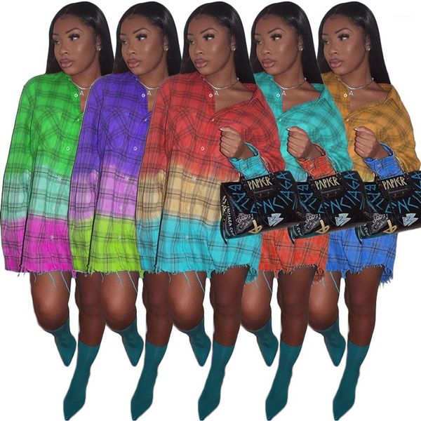 

women clothes single breasted cardgian dresses fashion casual female clothing gradient color plaid autumn shirt dress, Black;gray